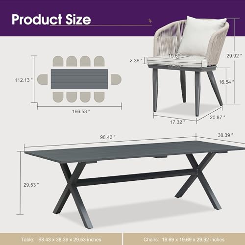 PURPLE LEAF 11 Pieces Patio Dining Set Grey Aluminum Table and Taupe Chairs