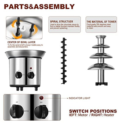 Chocolate Fountain, 4 Tiers Electric Melting Machine Chocolate Fondue Fountain Set with 6pcs Stainless Steel Forks, 4-Pound Capacity for Nacho Cheese, BBQ Sauce, Ranch