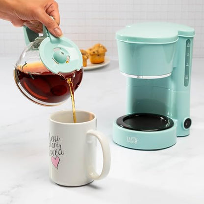 Tasty 5-Cup Coffee Maker with Auto Pause & Pour, Reusable Filter, Easy View Water Reservoir and Warming Plate, Glass Carafe, Compact Brew & Drip Coffee Maker, 5-Cup, Aqua
