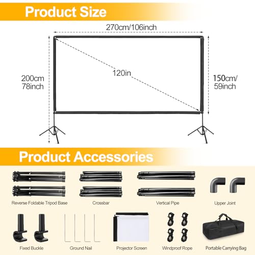 Outdoor Projector Screen with Stand, 120 inch Portable Projector Screen Stand with Elastic Rope Bar, Indoor 16:9 4K HD Wrinkle-Free Front Rear Projection Screen with Carry Bag for Movie Night Camping