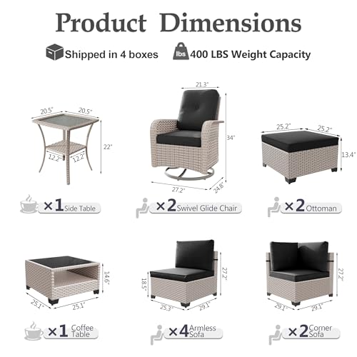 SnugVista Patio Furniture Set, 12-Piece Outdoor Sectional Sofa with Swivel Rocker Chairs & Ottomans, Wicker Patio Conversation Set with Coffee Table, Black Cushions
