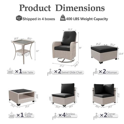 SnugVista Patio Furniture Set, 12-Piece Outdoor Sectional Sofa with Swivel Rocker Chairs & Ottomans, Wicker Patio Conversation Set with Coffee Table, Black Cushions