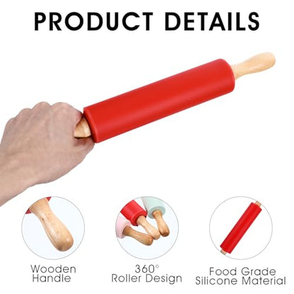 6 Pack Small Rolling Pins for Kids, Silicone Rolling Pin with Wooden Handle, Mini Rolling-Pins for Dough, Cookie, Pastry, 12 Inch (6 Colors)