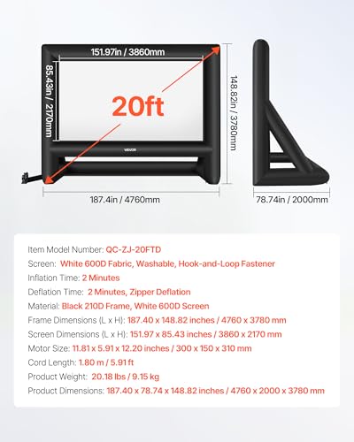 VEVOR 20FT Inflatable Movie Screen, Inflatable Projector Screen with Portable Storage Bag, 16:9 Easy Set Up Movie Projection for Outdoor Backyard, Home Theater, Theme Party