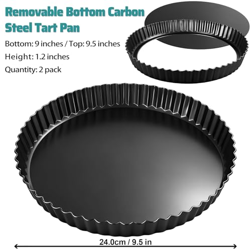 Tart Pan 2 Pack, 9 Inch Non-Stick Carbon Steel Pie Pan, Tart Pans with Removable Bottom -Top 9.5 inches, bottom 9 inches, 1.2 inches deep - Perfect Molds for Making pie, Fruit Tarts with Grooved Edges