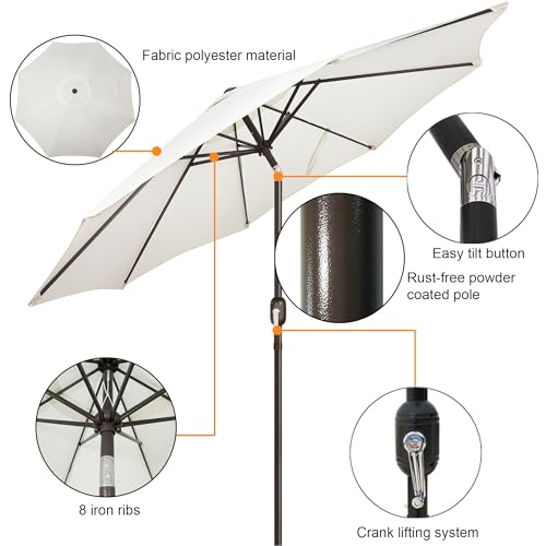 Blissun 9' Outdoor Patio Umbrella, Outdoor Table Umbrella, Yard Umbrella, Market Umbrella with 8 Sturdy Ribs, Push Button Tilt and Crank (Creamy White)