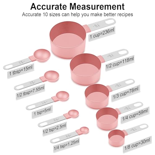 Measuring Cups and Spoons Set, 10 Pieces Nesting Measure Tools, Kitchen Essentials Gadgets with Stainless Steel Handle for Dry & Liquid Ingredient, Pink