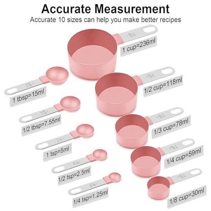Measuring Cups and Spoons Set, 10 Pieces Nesting Measure Tools, Kitchen Essentials Gadgets with Stainless Steel Handle for Dry & Liquid Ingredient, Pink