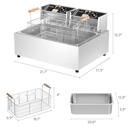 TANGME Commercial Deep Fryer, 3400w Electric Countertop Fryer with 3 Baskets, 22L/23.25Qt 1mm Thickened Stainless Steel Oil Fryer with Temperature Limiter for Restaurant, UL Certified