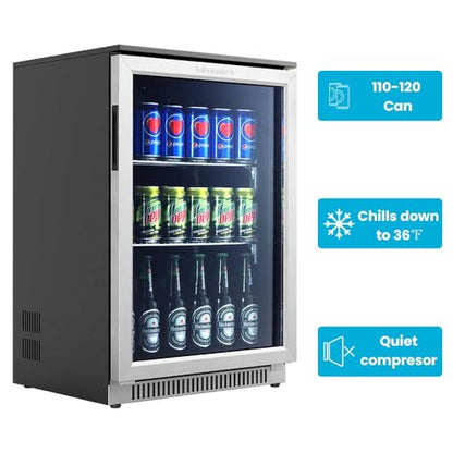 Advanics 20IN Beverage Refrigerator with Glass Door-120 Can Built in Under Counter Fridge & Freestanding,Ideal for Soda,Beer Drink Cooler