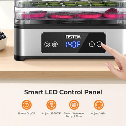 OSTBA Food Dehydrator, 5 Stainless Steel Trays, 400W Powerful Drying, 48H Timer & 95–160°F Temp Control, Quiet Small Dryer for Jerky, Fruits, Herbs, Mushrooms, BPA-Free, Recipes Included
