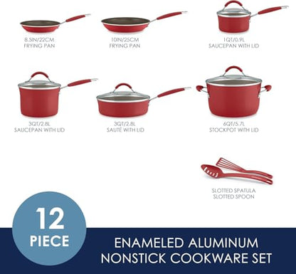 Rachael Ray Cucina Nonstick Cookware Pots and Pans Set, 12 Piece, Cranberry Red