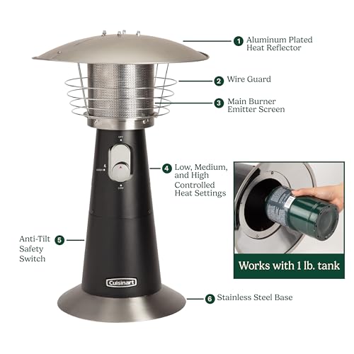 Cuisinart Portable Tabletop Patio Heater, 11,000 BTU Outdoor Propane Heater with Safety Tilt Switch and Adjustable Heat, Burner Screen Guard, 30 sq. Foot Heat Range, Gray