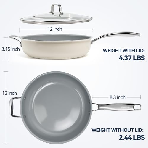 Kikcoin Nonstick Frying Pan with Lid - 12 inch Ceramic Deep Frying Pan for Cooking - 5 QT Large Saute Pan with Stay Cool Handle, Induction Ready, PFAS/PTFE/PFOA Free, All Oven/Dishwasher Safe