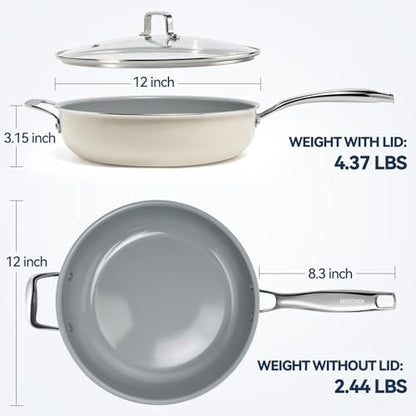 Kikcoin Nonstick Frying Pan with Lid - 12 inch Ceramic Deep Frying Pan for Cooking - 5 QT Large Saute Pan with Stay Cool Handle, Induction Ready, PFAS/PTFE/PFOA Free, All Oven/Dishwasher Safe