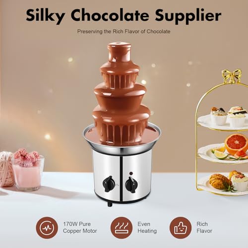 4-Tier 61oz Chocolate Fountain, 170W Stainless Steel Dessert Cascade, 110V Cheese Warmer Tower Caramel Dispenser Candy Melter with Heated Base & Detachable Tiers for Dipping Strawberries Marshmallows