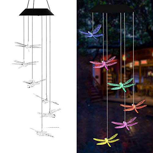 AVEKI Solar Wind Chimes Outdoor, Color-Changing Solar Mobile Wind Chime Waterproof Solar Powered LED Hanging Lamp for Outdoor Garden Festival Decoration (Dragonfly)