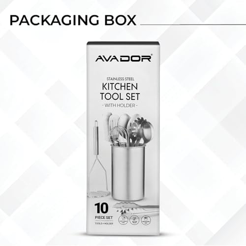 Avador® Premium Set of 10 Stainless Steel Kitchen Tool Set with Holder Easy To Clean, Space Saving, Great for Cooking, Baking, Prepping
