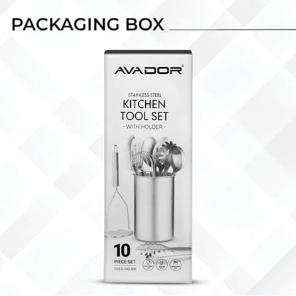 Avador® Premium Set of 10 Stainless Steel Kitchen Tool Set with Holder Easy To Clean, Space Saving, Great for Cooking, Baking, Prepping