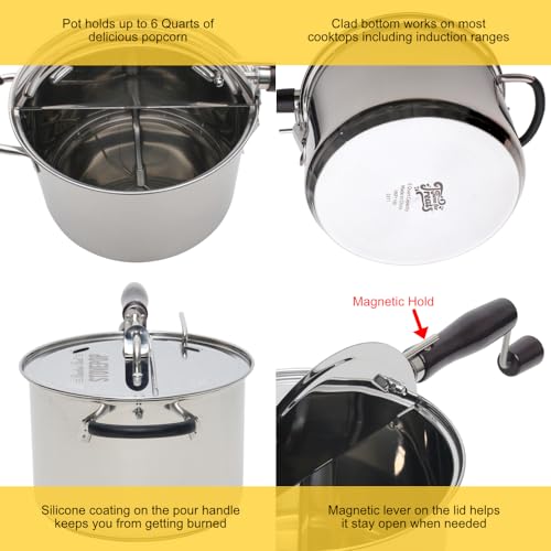 StovePop Stainless Steel Popcorn Popper - Gearless Hand Crank, Magnetic Lid, 6 Qt - Induction Range Compatible