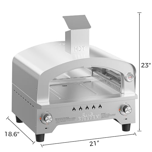 BIG HORN Gas Pizza Oven, Portable Propane Pizza Oven with 15 inch Pizza Stone, Stainless Steel Pizza Maker for Outdoor Cooking