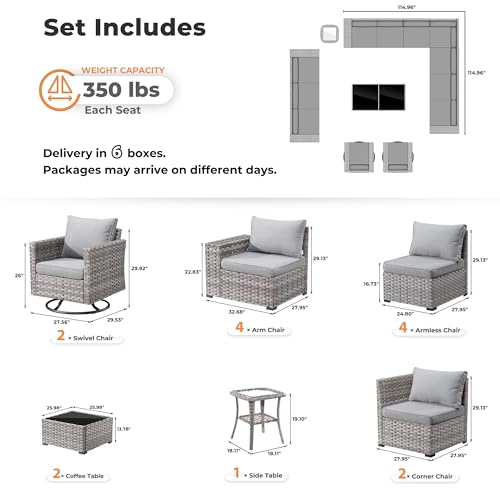 ovios 15 Pieces Patio Furniture Set, Outdoor Wicker Sectional Sofa Couch with Swivel Chairs Coffee Table, Modern Modular Deep Seat Rattan Conversation Sets, Dark Grey