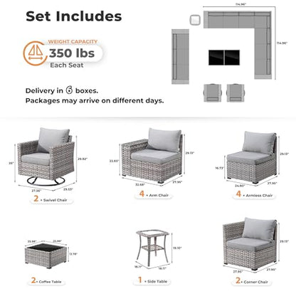 ovios 15 Pieces Patio Furniture Set, Outdoor Wicker Sectional Sofa Couch with Swivel Chairs Coffee Table, Modern Modular Deep Seat Rattan Conversation Sets, Dark Grey