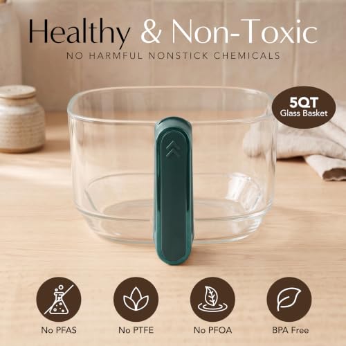 WILLOW Eco Series 6 in 1 Air Fryer with Glass Basket, 5 Quart Non Toxic Air Fryer w Digital Display, 430°F Max Temp, Preheat & Keep Warm Function, Compact + Dishwasher Safe Glass Airfryer - Green