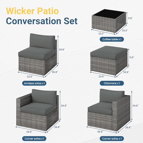 Wisteria Lane 5-Pieces Outdoor Patio Furniture Set, All Weather Wicker Rattan Sectional Sofa, Patio Conversation Set with Cushions & Glass Coffee Table for Backyard Porch Garden Balcony, Grey