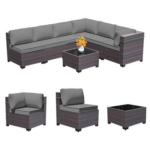 RTDTD 7 Pieces Outdoor Patio Furniture Set,Outdoor Sectional Furniture All Weather PE Rattan Wicker Patio Conversation Set with Coffee Table and 6 Thickened Cushions,Grey
