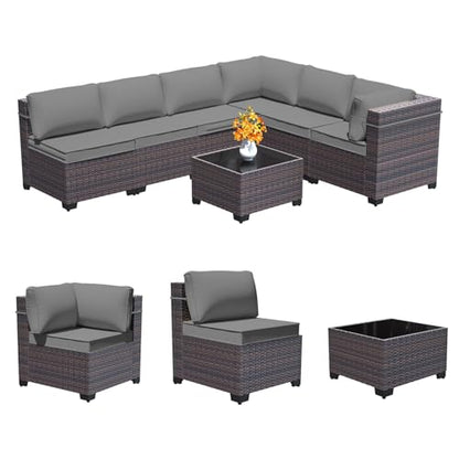 RTDTD 7 Pieces Outdoor Patio Furniture Set,Outdoor Sectional Furniture All Weather PE Rattan Wicker Patio Conversation Set with Coffee Table and 6 Thickened Cushions,Grey