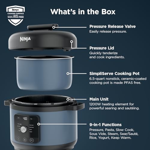 Ninja HyperHeat 9-in-1 Electric Pressure Cooker | 6.5 Qt Multi Cooker with Sear/Sauté, Slow Cooker, Rice Cooker, Sous Vide | 1200W | Fast Cooking, PFAS-Free Pot | Blue Macaron | PC201