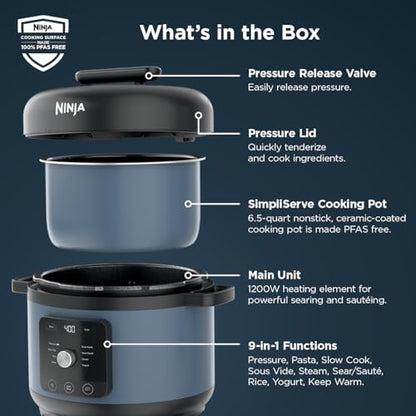 Ninja HyperHeat 9-in-1 Electric Pressure Cooker | 6.5 Qt Multi Cooker with Sear/Sauté, Slow Cooker, Rice Cooker, Sous Vide | 1200W | Fast Cooking, PFAS-Free Pot | Blue Macaron | PC201