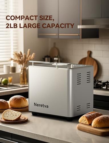 Neretva Bread Maker, 20-IN-1 2LB Bread Machine Dual Heater Bread Maker Machine Automatic with Nonstick Ceramic Pan, 15H Timer & 1H Keep Warm Set, Low Noise, Stainless Steel Breadmaker Recipe-Silver