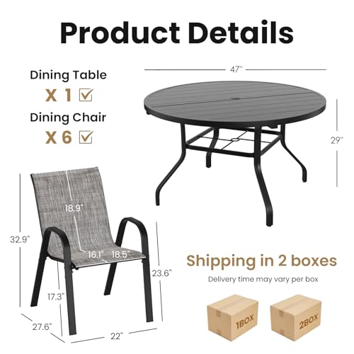 Soohow Outdoor Dining Set for 6, 7-piece Outdoor Patio Dining Set 6 x Stackable Patio Chairs & 1 x Round Table with Umbrella Hole, All-Weather Outside Table and Chairs for Backyard, Balcony, Porch