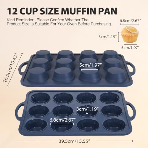 Vnray 2 Pack Silicone Muffin Pan 12 and 24 Cup with Metal Frame,Non Stick Silicone Mini Cupcake Pan with Handles, BPA Free Silicon Regular Muffin Tin Tray Small for baking, egg bites, Mold Grey