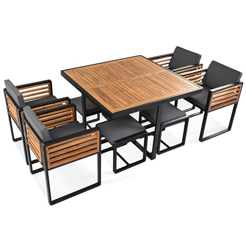 Merax 9 Pieces Outdoor Dining Set for 8 People, Acacia Wood Patio Furniture Sets with 1 Square Table, 4 Cushioned Chairs and 4 Ottomans for Backyard, Garden, Lawn, Poolside, Space Saving Design, Gray