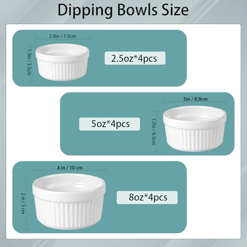 12 Pcs Ceramic Ramekins Oven Safe, Creme Brulee Ramekins for Baking, Small Bowls Dipping Sauce Dish Classic Style, Set of 12（2.5 oz 5 oz 8 oz）
