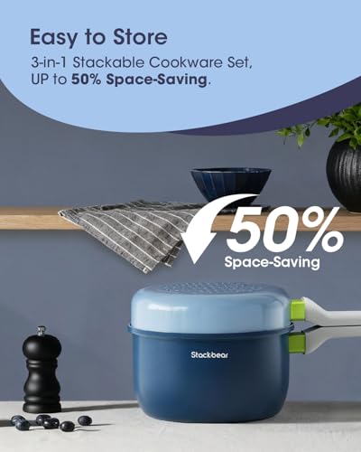 Ceramic Non Stick Sauce Pan, 2.5QT Saucepan with Frying Pan as Lid, Steamer Pot for Cooking, Induction Cookware Set, PTFE, PFOA & PFAS Free, Light Blue