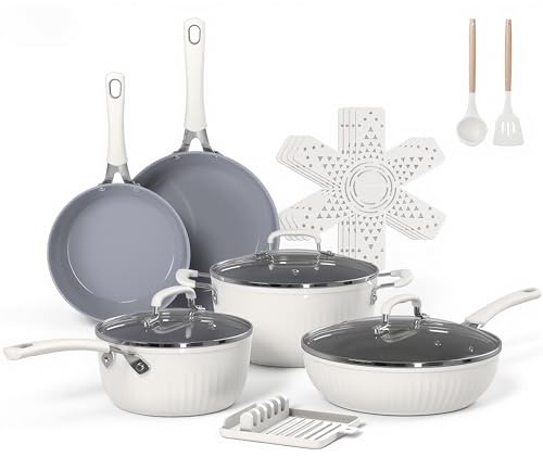 Ammeloo 15-Piece Ribbed Ceramic Cookware Set, Pots and Pans Set Non Stick, Induction Ready, Healthy Non Toxic Kitchen Cooking Set PFAS/PFOA/PTFE-Free, Silicone-wrapped Stay-Cool Handle