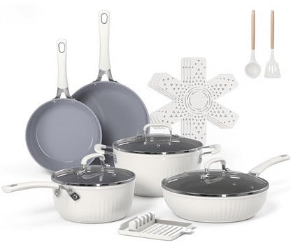 Ammeloo 15-Piece Ribbed Ceramic Cookware Set, Pots and Pans Set Non Stick, Induction Ready, Healthy Non Toxic Kitchen Cooking Set PFAS/PFOA/PTFE-Free, Silicone-wrapped Stay-Cool Handle