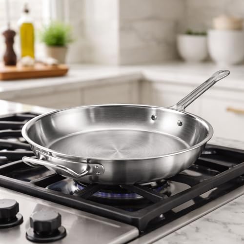 16" Stainless Steel Frying Pan, Tri-Ply Steel With Aluminum-Clad Bottom, Helper Handle, Induction Gas And Electric Compatible, Skillet Saute Pan For Omelette Pancake Egg
