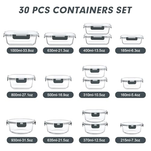 VERONES 30 Pieces Glass Meal Prep Containers Set, Stackable Glass Food Storage Containers with Lids-Airtight Lunch Containers，for Microwave, Oven, Freezer & Dishwasher,Grey