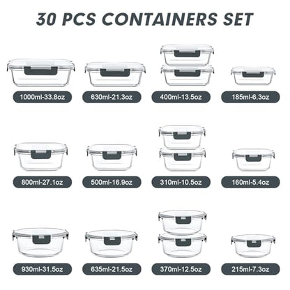 VERONES 30 Pieces Glass Meal Prep Containers Set, Stackable Glass Food Storage Containers with Lids-Airtight Lunch Containers，for Microwave, Oven, Freezer & Dishwasher,Grey