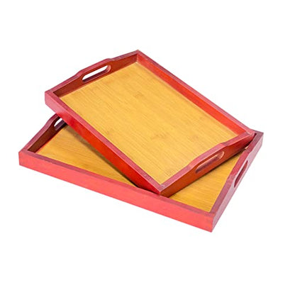 Wooden Serving Trays with Handle Set of 2 Bamboo Serving Trays Decorative Nesting Wood Platter Tabletop (Large 16x11.7x1.9 inches, Small 14x10.5x1.9 inches)