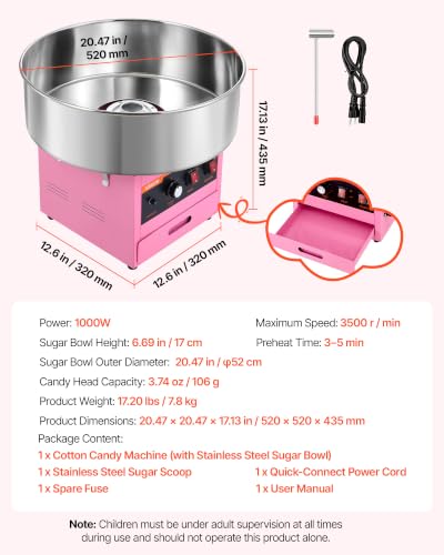 VEVOR Commercial Cotton Candy Machine, 1000W Electric Candy Floss Maker