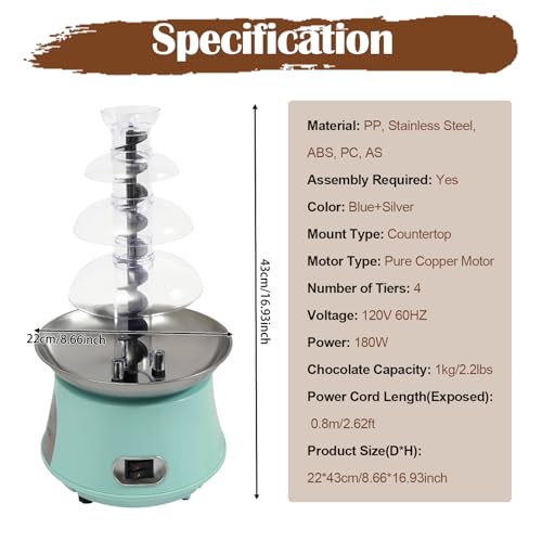 Chocolate Fountain Machine 4 Tier, 180W Chocolate Fountain with Capability 2.2lbs Commercial Hot Chocolate Fondue Tower for Nacho Cheese Liqueurs Party Wedding (Blue+Silver)
