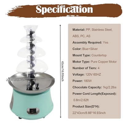 Chocolate Fountain Machine 4 Tier, 180W Chocolate Fountain with Capability 2.2lbs Commercial Hot Chocolate Fondue Tower for Nacho Cheese Liqueurs Party Wedding (Blue+Silver)