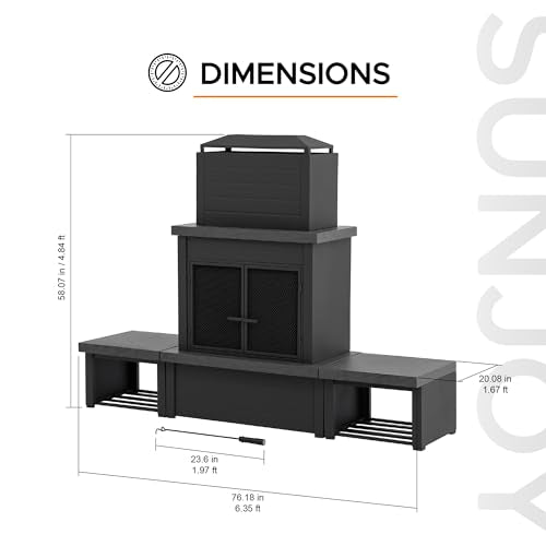 SUNJOY Outdoor Fireplace with Wood Storage and Chimney, Steel Wood Burning Firepit with Mesh Spark Screen Door, Fire Poker, Fireplace Tool & PVC Cover, for Patio Garden Deck Backyard, Black/Dark Gray