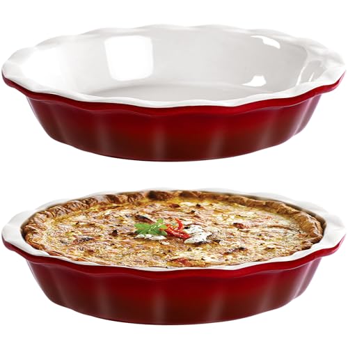 Lareina Deep Dish Pie Pan for Baking, 9 Inch Ceramic Fluted Pie Dish for Apple, Quiche, Pecan, Pot Pies, 53 Ounce Round Pie Plate, Set of 2, Red